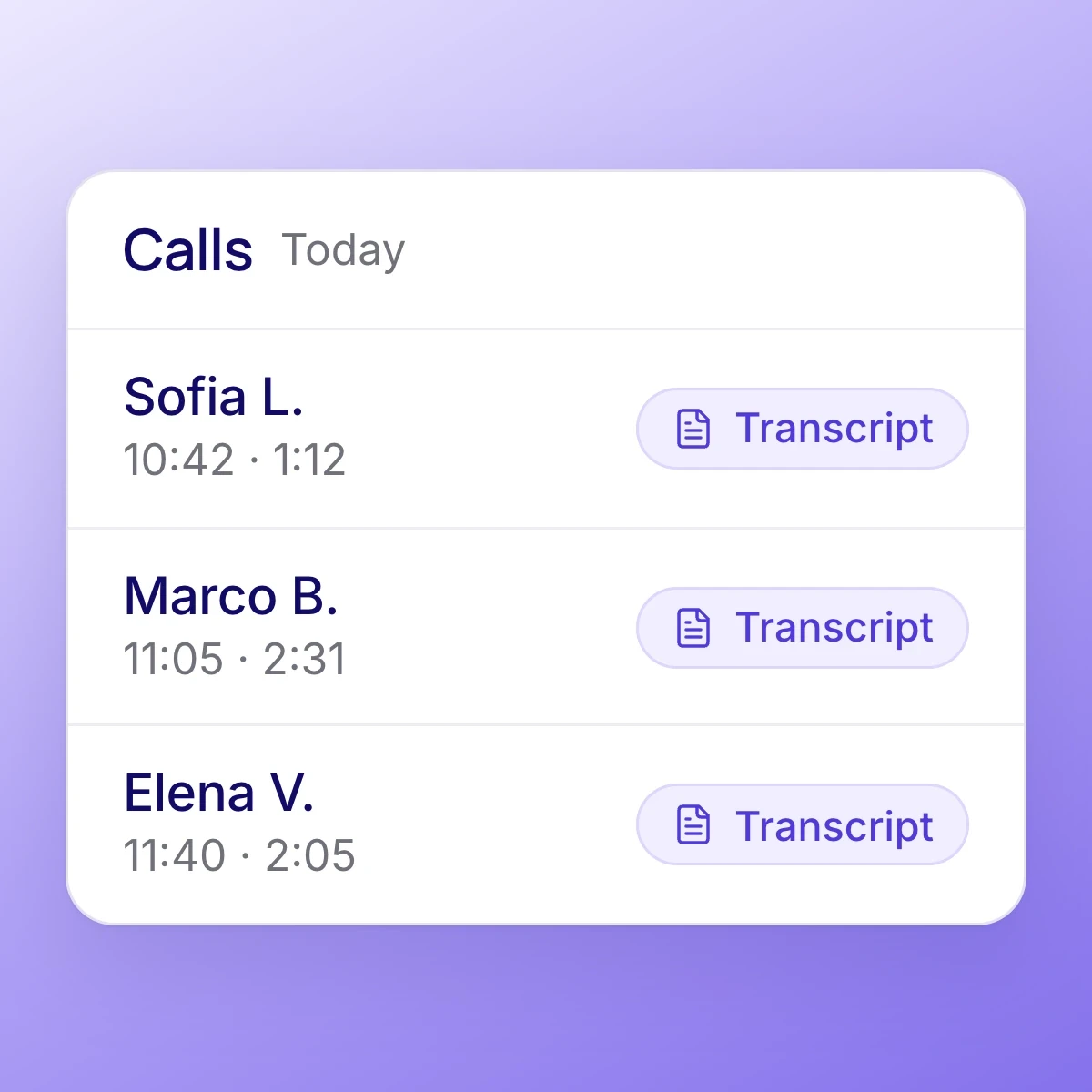 Today's call log with a transcript for each call
