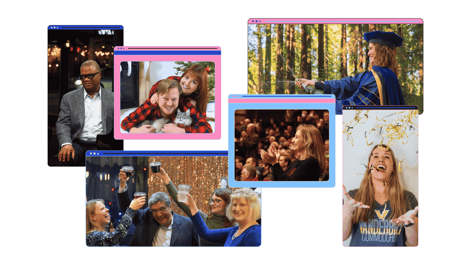 A digital collage of event and portrait photos displayed within colorful web browser frames. Subjects include a man in a gray suit seated in a dimly lit venue, a couple smiling in matching flannel with a cat, a woman in a graduation cap and gown celebrating in a forest, a group of adults raising drinks in a toast, an audience member applauding at a concert, and a woman smiling joyfully under gold confetti wearing a Vanderbilt shirt.