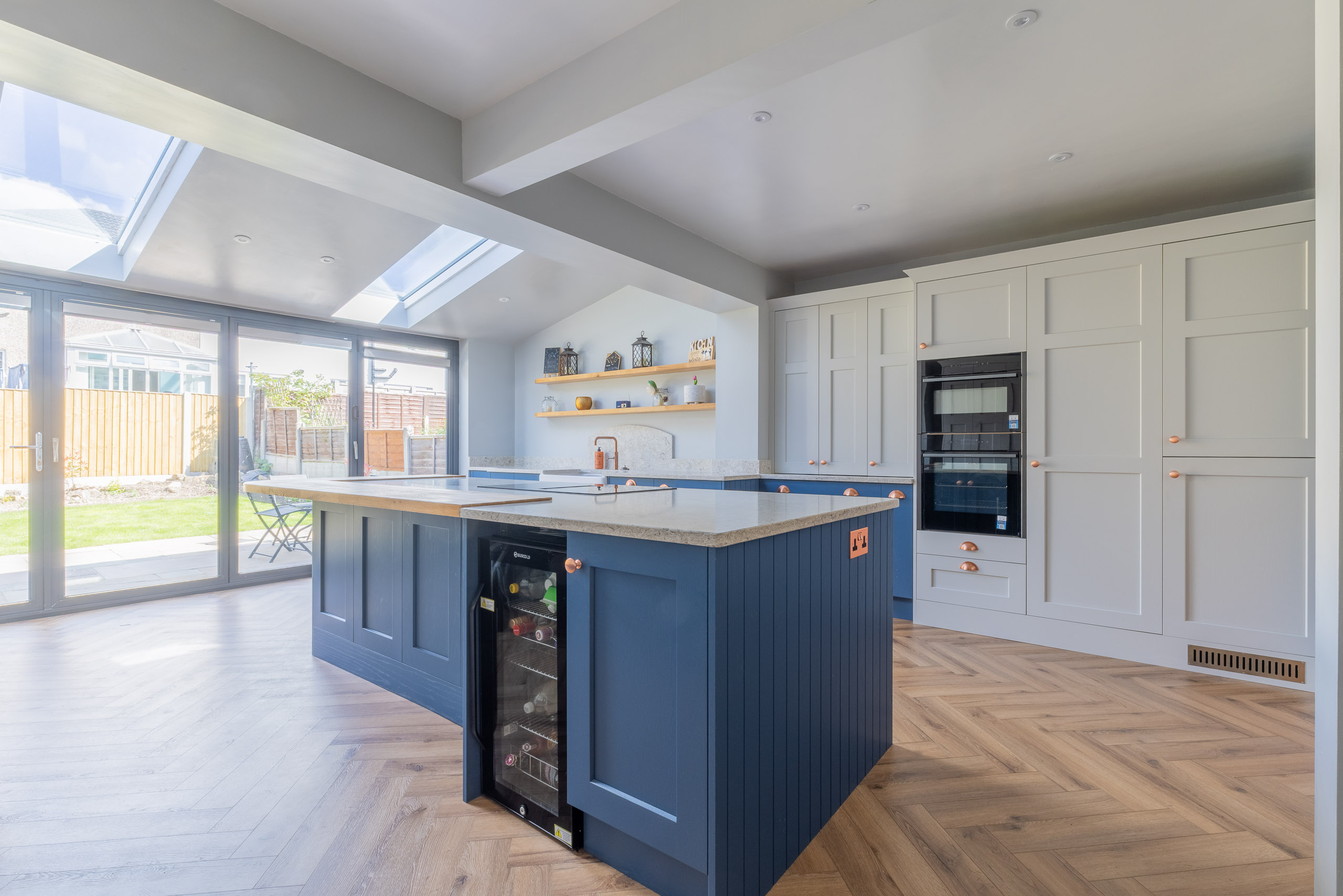 blue shaker kitchen with oak breakfast bar in gomersal, cleckheaton