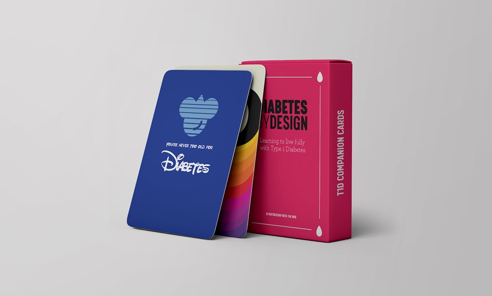 Diabetes by Design T1D companion card deck and pink box created through a Design Sprint process