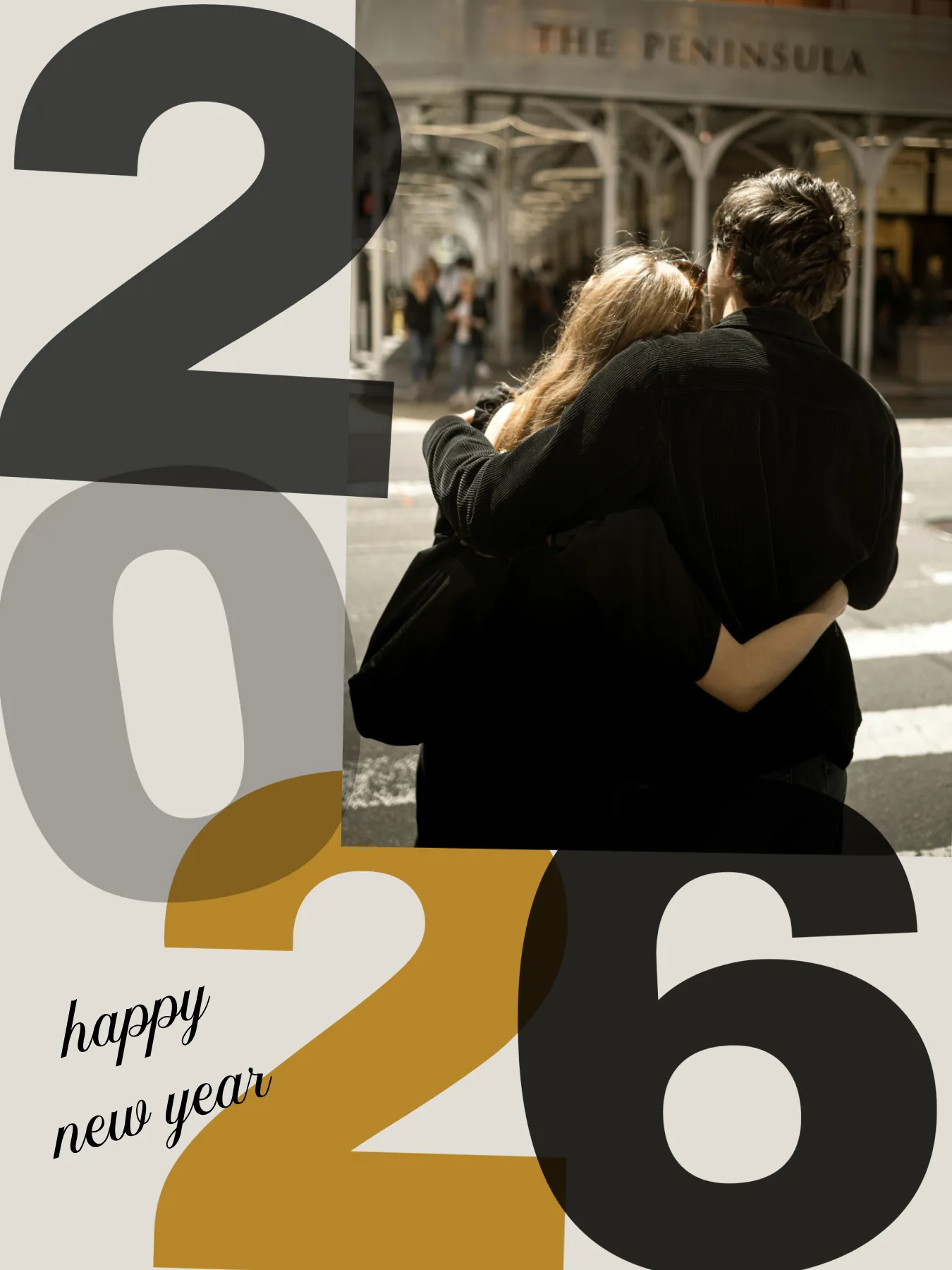 2026 New Year's card template with a couple photo, large year numerals, and 'happy new year' cursive text