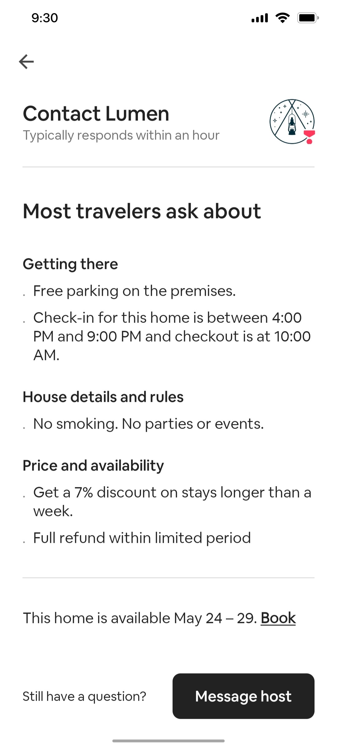 Airbnb Contact host screen