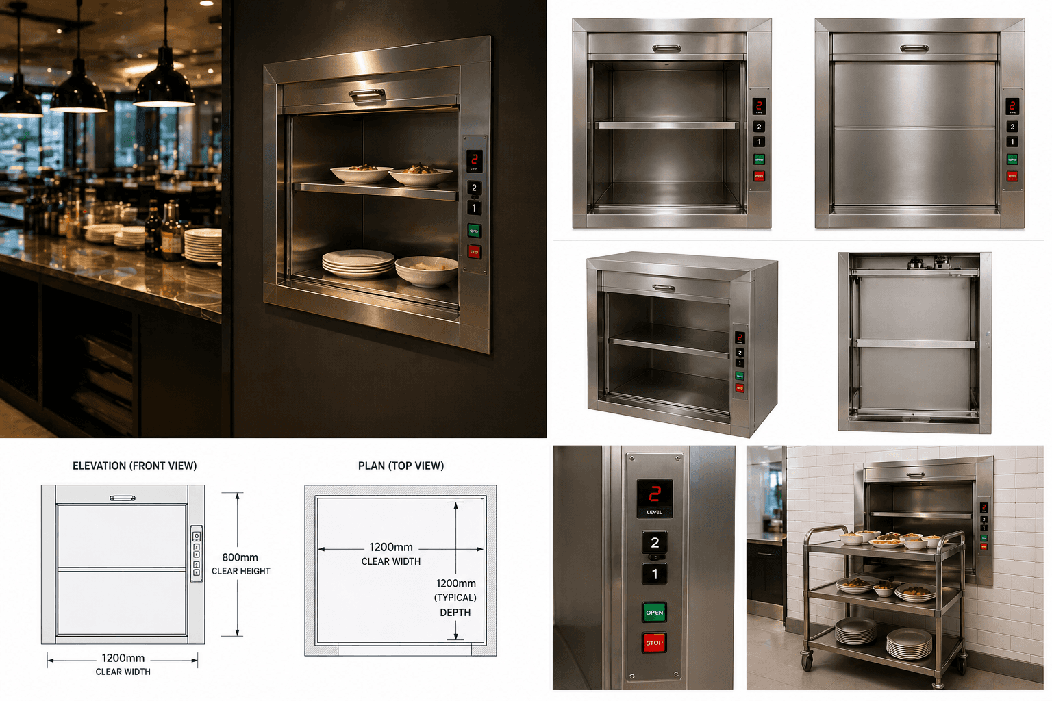 Dumbwaiter service lift product sheet showing stainless steel two-shelf unit installed in a dark-walled restaurant kitchen carrying plated food — multiple views including door open and closed, angle view, inside view, close-up of digital floor display with level indicator and open and stop buttons, elevation and plan drawings showing 1200mm clear width, 800mm clear height and 1200mm depth, and in-situ photo of loaded trolley with dishes and crockery at landing level