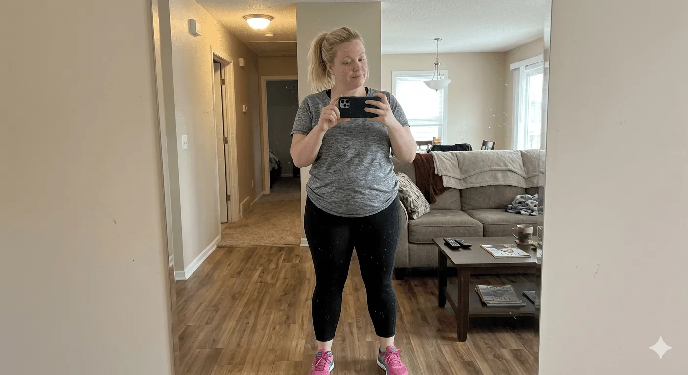 Woman in gray t-shirt before starting 100-day home workout transformation program