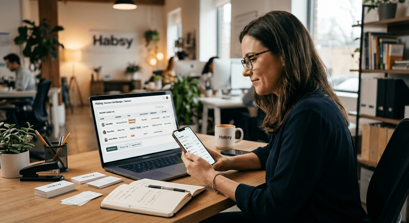 Small business owner organizing networking contacts in Habsy Business Card Manager with tags, reminders, and CSV export ready for CRM import.