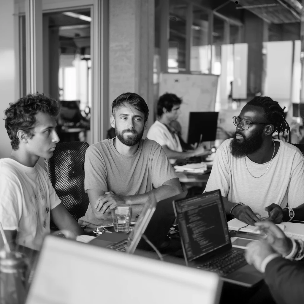 software developers seated discussing a project with laptops open