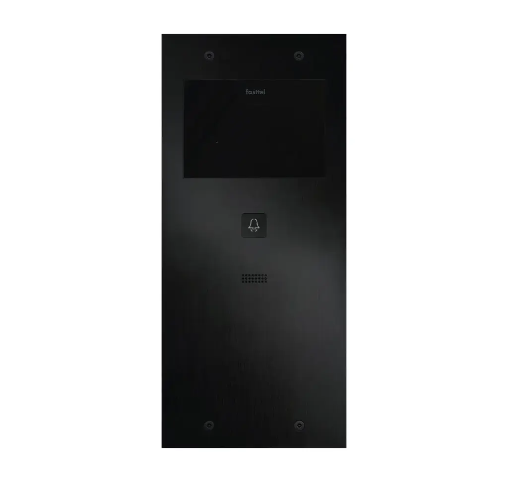 Black smart home device with screen showing time and temp