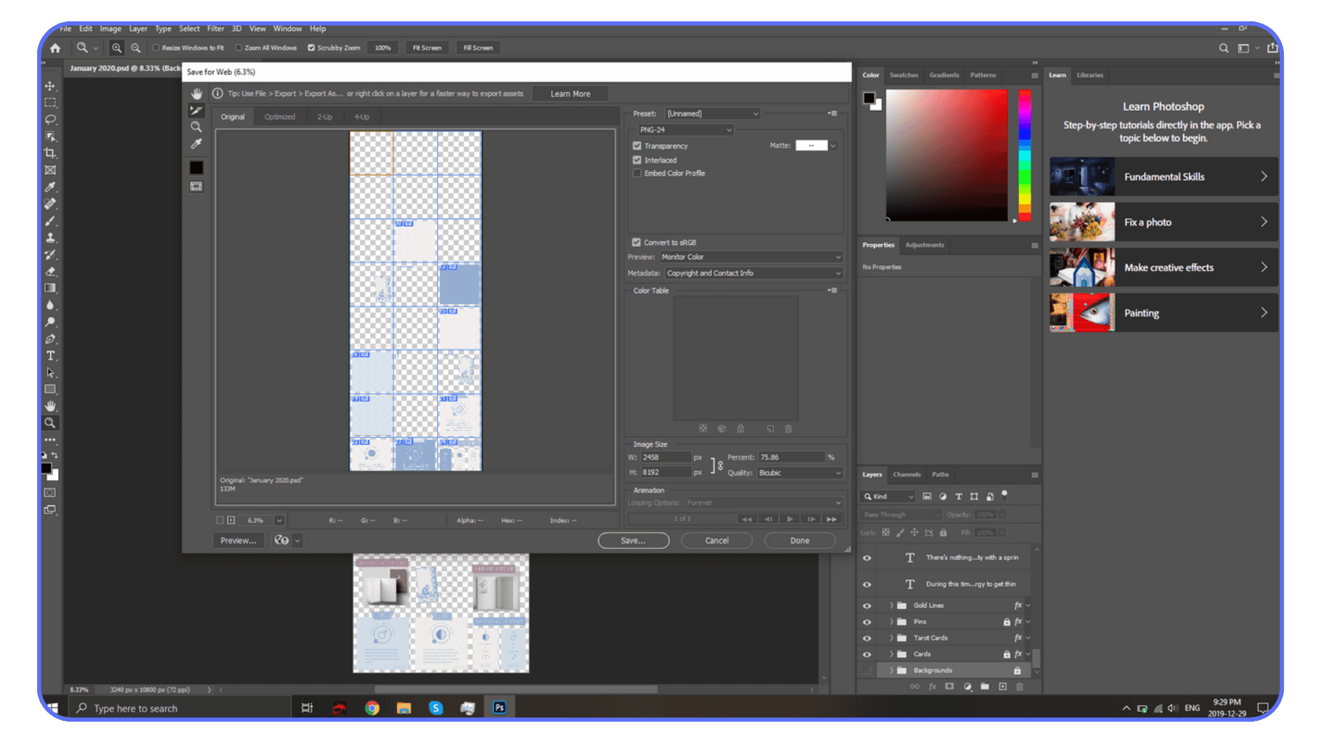 Photoshop Save for Web dialog displaying export settings for a transparent PNG image, with options for file format, color profile, and quality settings visible.