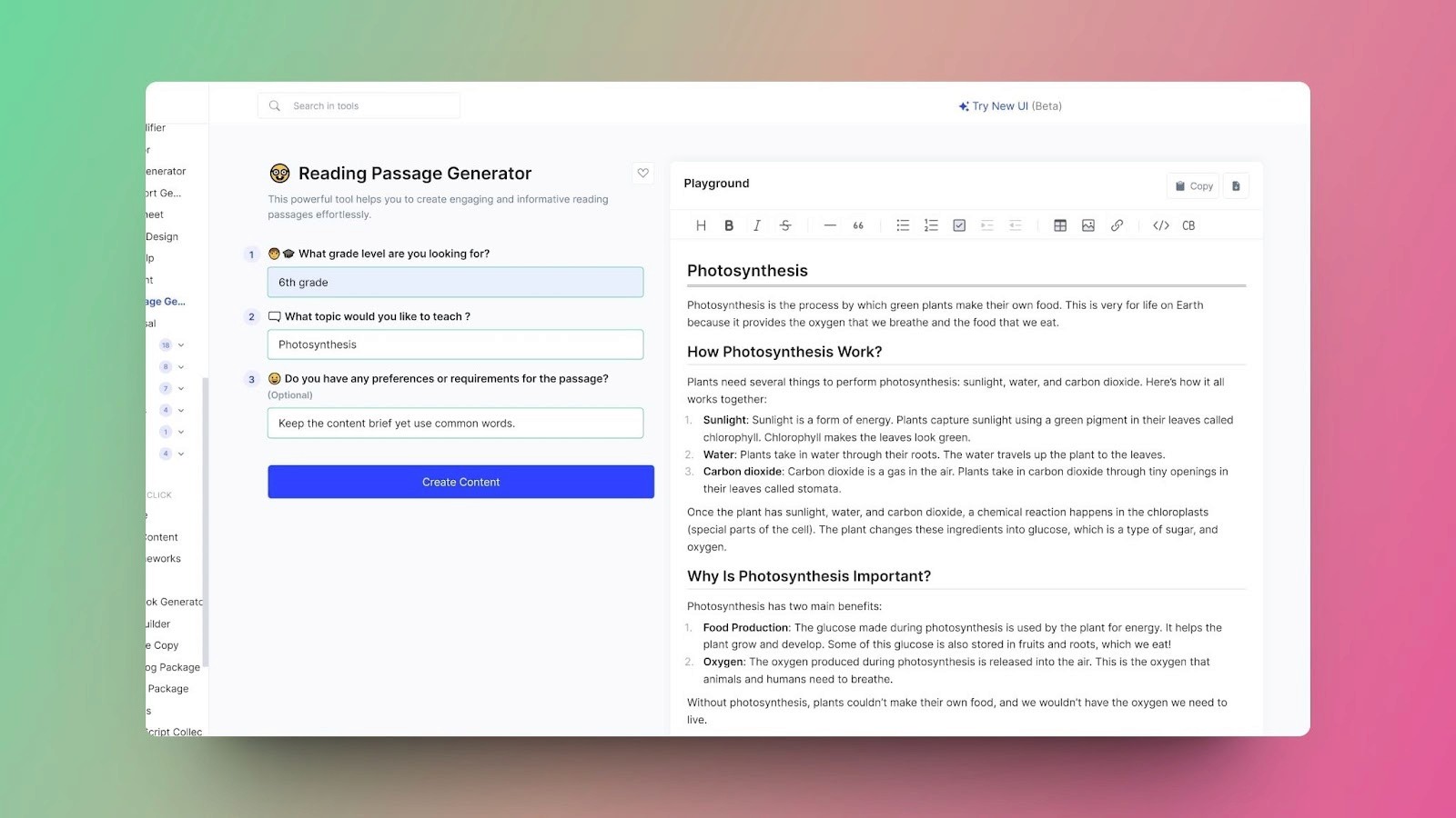 An image of GravityWrite's Reading Passage Generator tool creating a reading passage on photosynthesis for 6th-grade students.