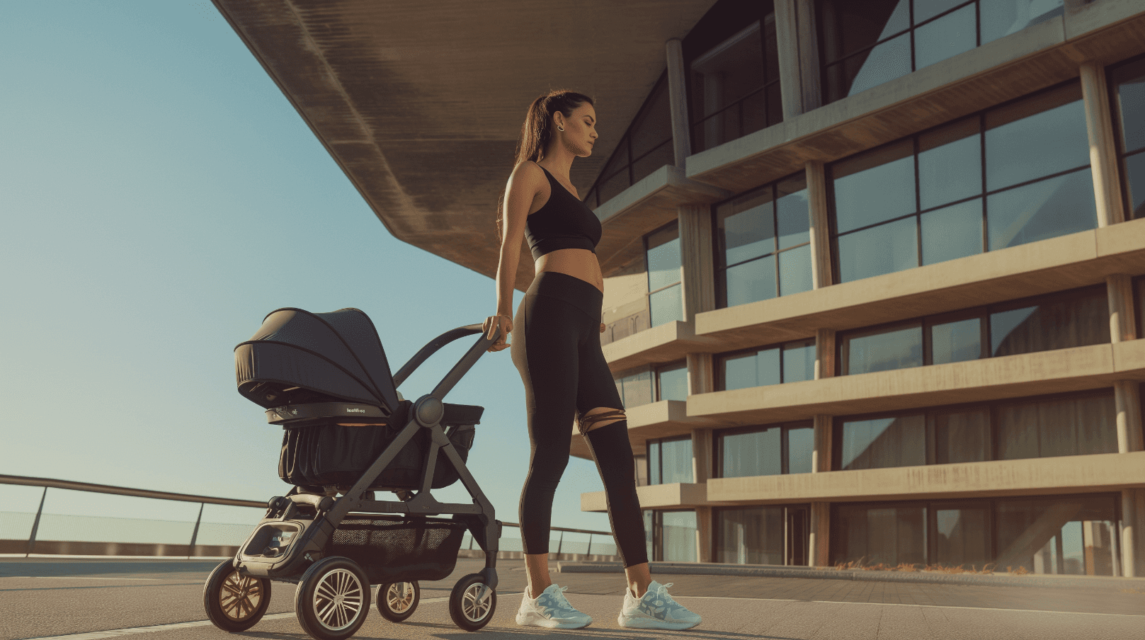 New mother walking with her baby in a stroller effective to start incorporating the postpartum workout plan.