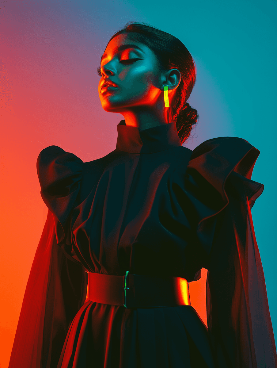 A woman in a black dress stands against a vibrant red and blue background.