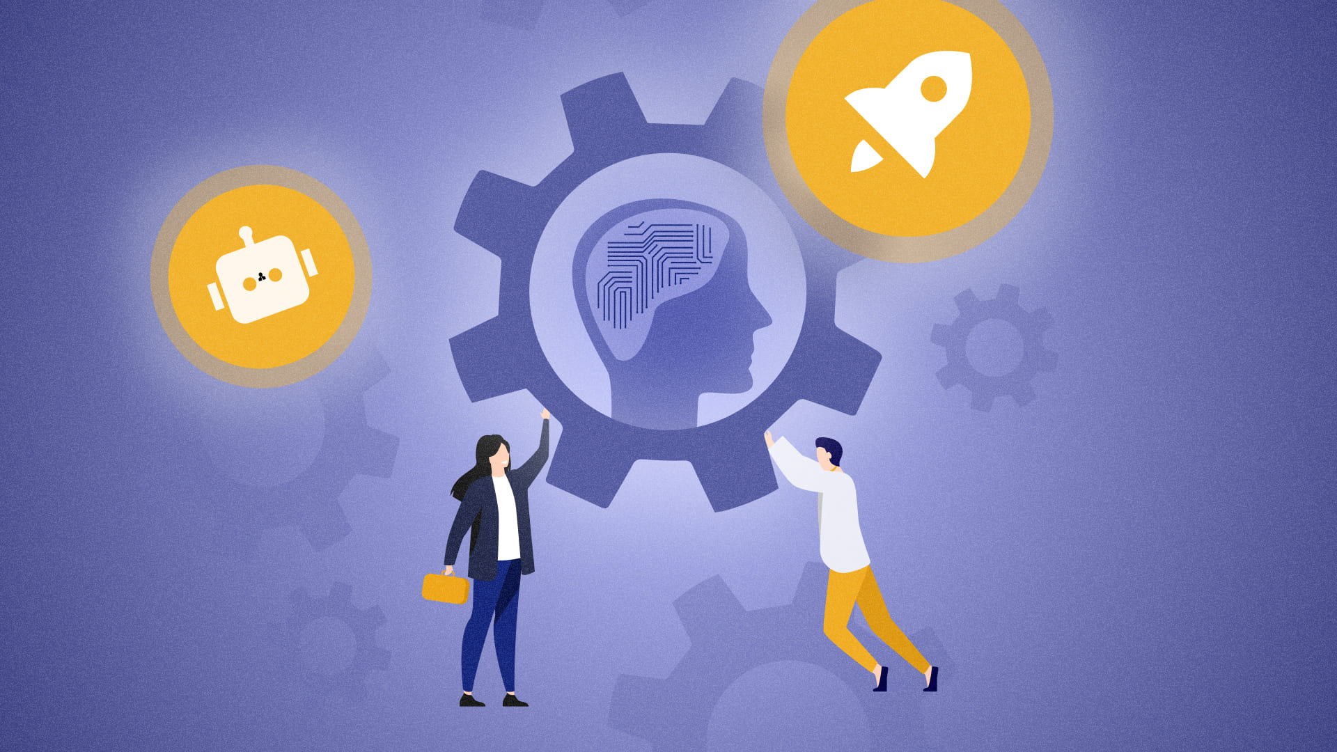 Két ember egy fogaskereket tol, benne ai-ra utaló sziluettel és áramkör mintával.