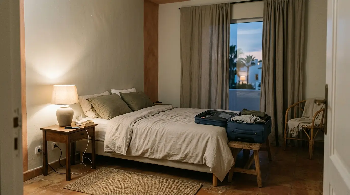 Bedroom in a vacation rental at dusk with a bedside lamp, a phone charging within reach, blackout curtains and a suitcase on a bench.