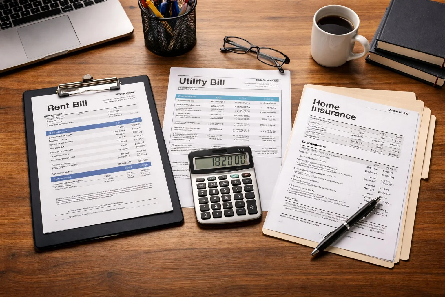 Workspace with rent bills, utility statements, and insurance documents neatly arranged on a desk, representing deductible home business expenses.