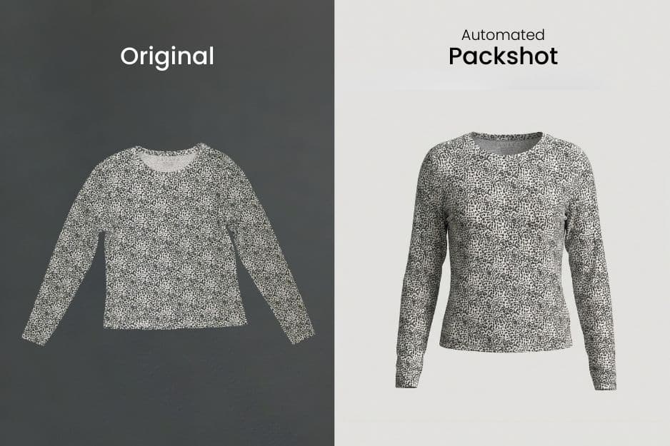 Sort Mate automated e-commerce packshot generation: Transforming a raw machine scan into a professional-grade product image for instant online resale.