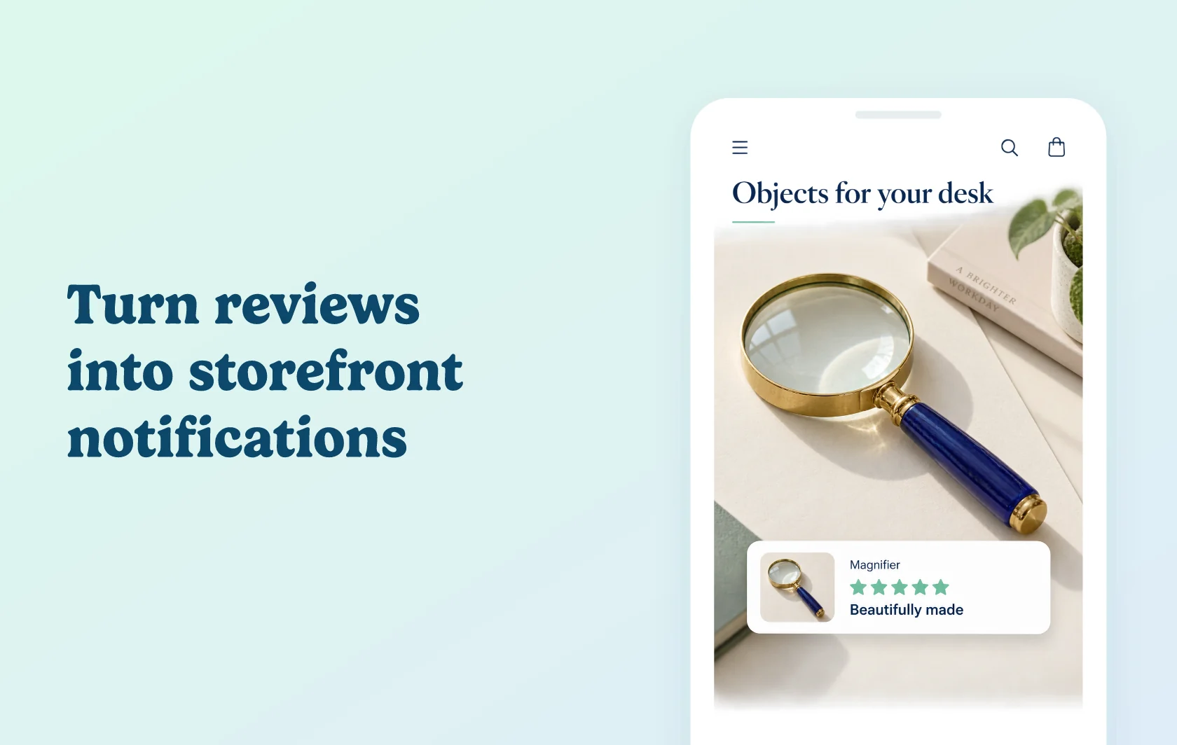 Judge.me and Recently 4 integration: illustration of a storefront with a brass magnifier and a product-review notification showing stars and a short review headline.