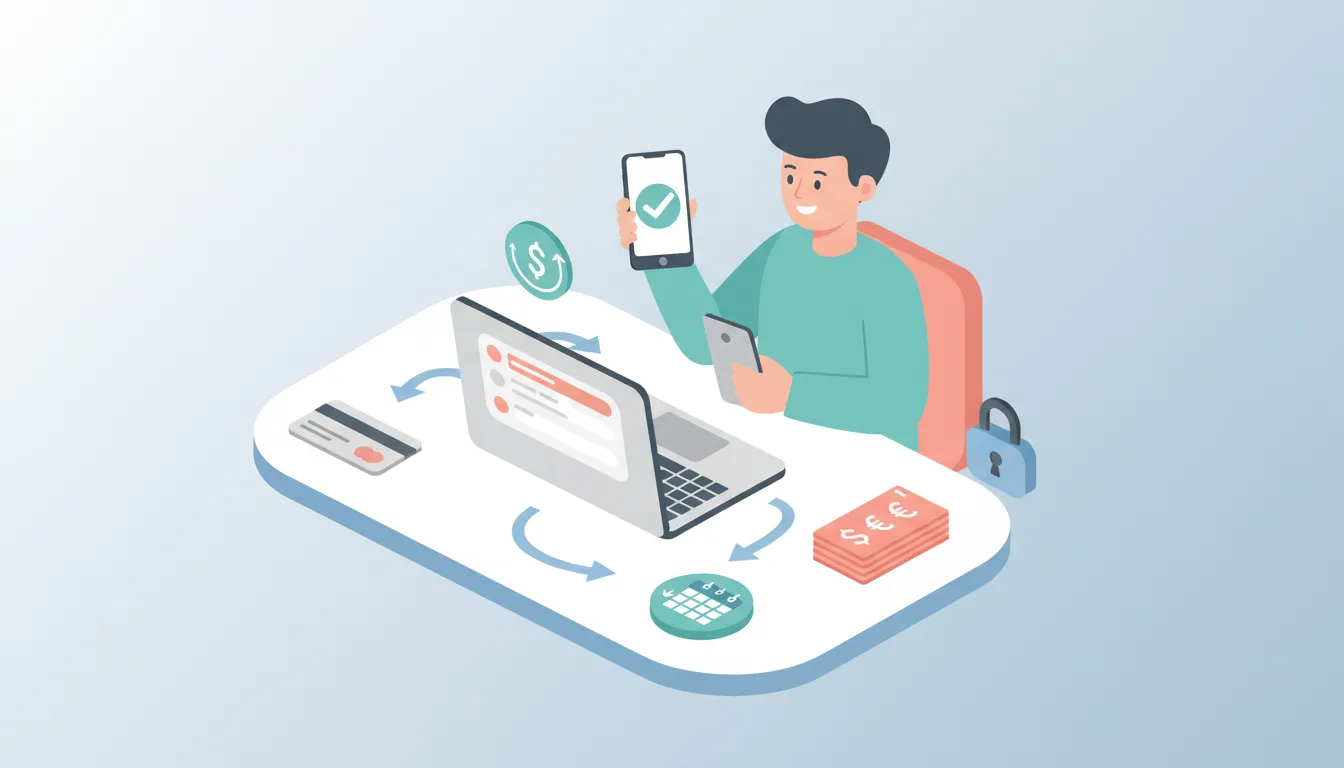 Illustration of a small business owner using laptop and phone to accept online payments with credit card, invoices, calendar and security padlock showing a clear payment workflow