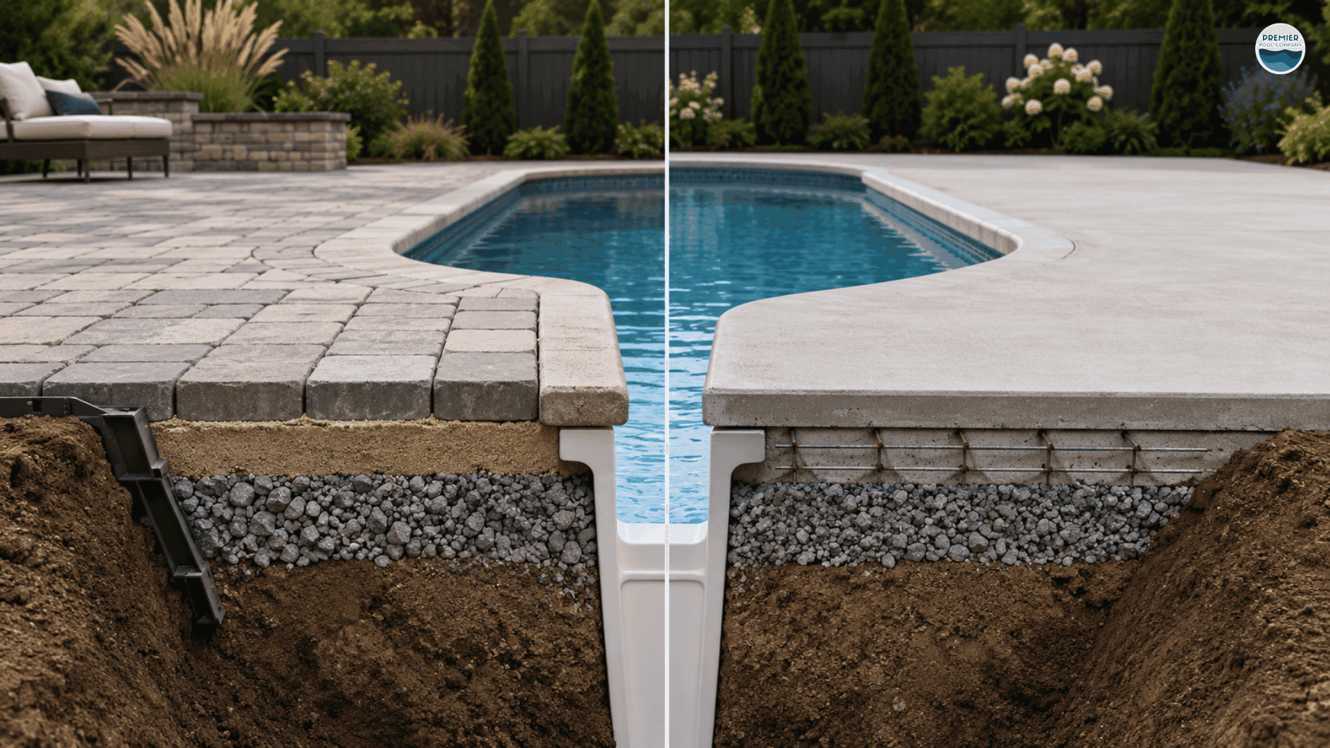 Pavers vs concrete patio base preparation and drainage around a swimming pool