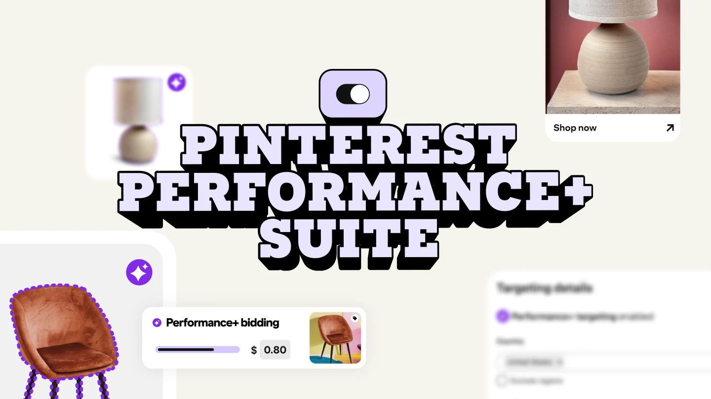 The Pinterest Performance+ Suite logo is displayed, surrounded by product images, targeting details, and performance bidding tools, emphasizing Pinterest's ad features.