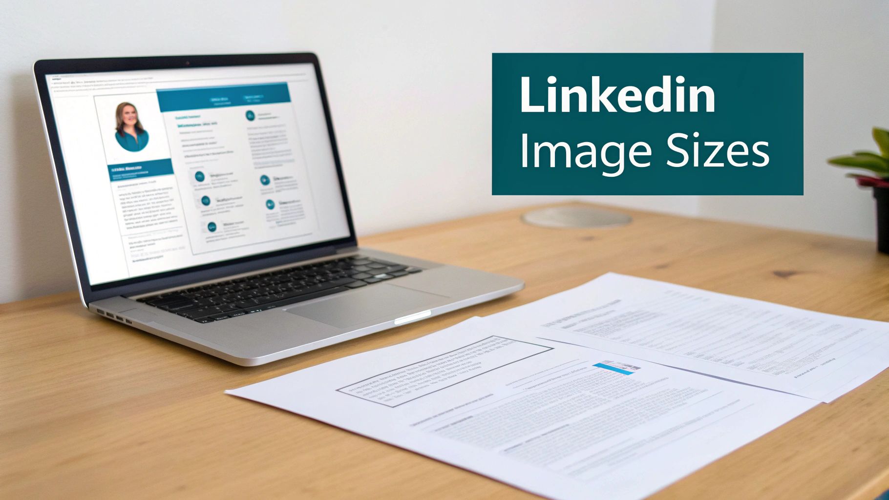 Laptop displaying a LinkedIn profile on a wooden desk, next to papers and a text box: 'LinkedIn Image Sizes'.
