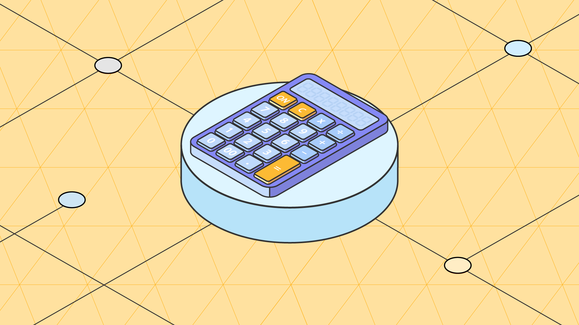 Isometric illustration of a calculator on a connected network grid, representing retail math calculation tools.