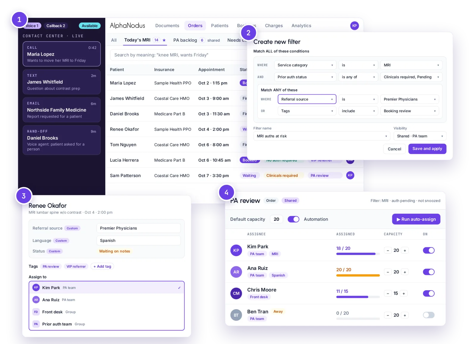 Four Gravity Work screens: the real-time worklist beside an orders worklist, a filter being built, an order with custom fields, tags and an assignee, and a shared view handing work out by capacity