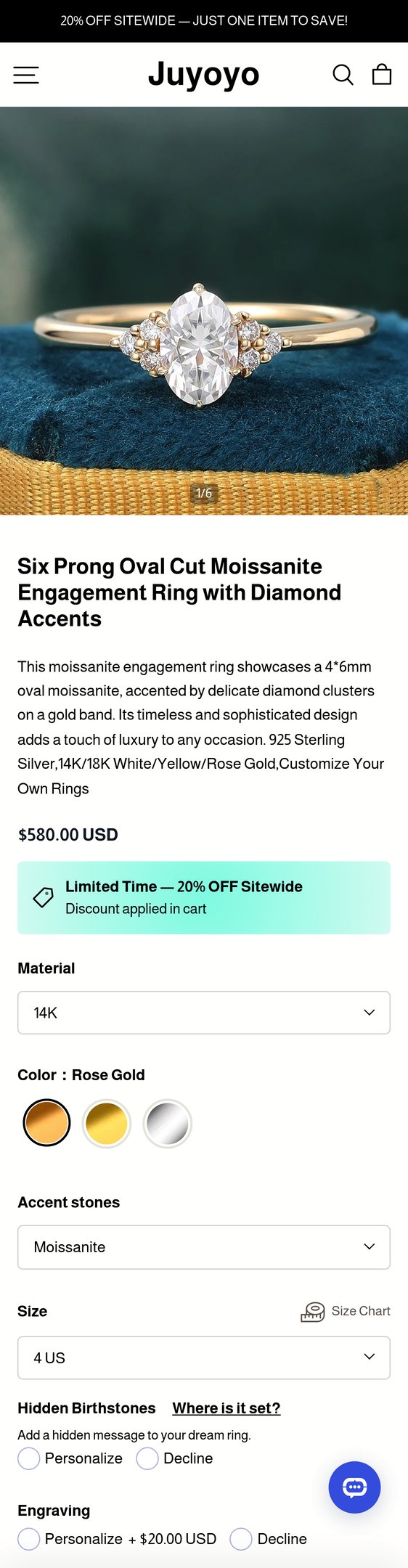 Jewelry product options include: ring for Six Prong Oval Cut Moissanite Engagement Ring with Diamond Accents from Juyoyo.