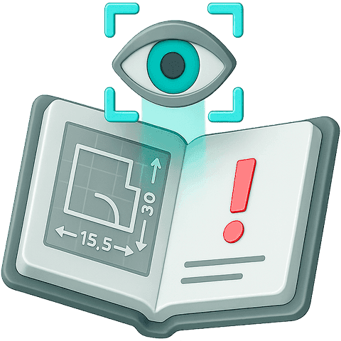 Open blueprint with glowing eye and red alert