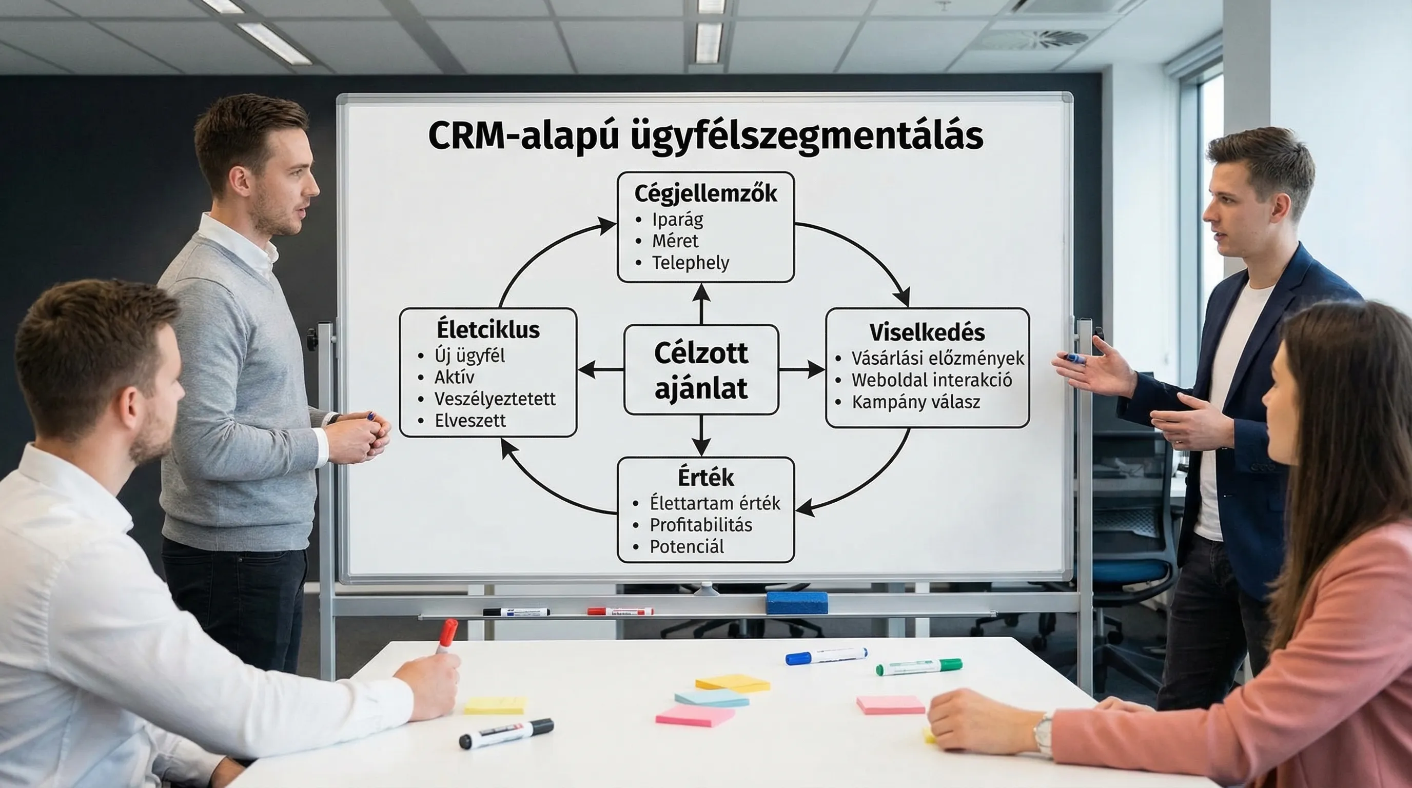 CRM-alapú ügyfélszegmentálás áttekintő ábra négy kategóriával: cégjellemzők, viselkedés, érték, életciklus, mindegyikhez 2-3 tipikus példa mezővel, középen „Célzott ajánlat” dobozzal.