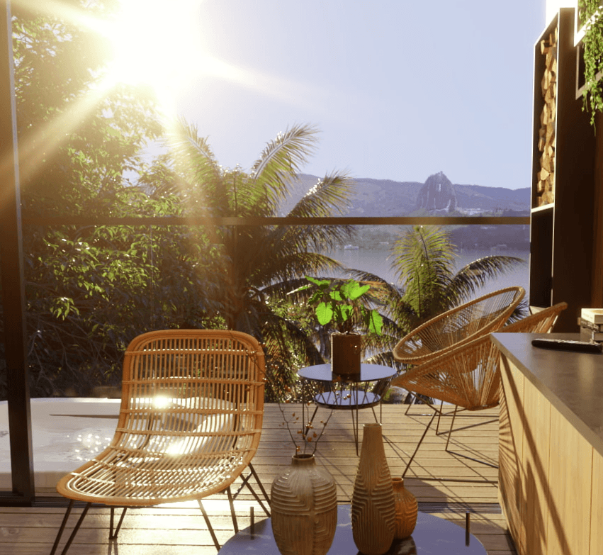 render del interior de una cottage de Yuniko