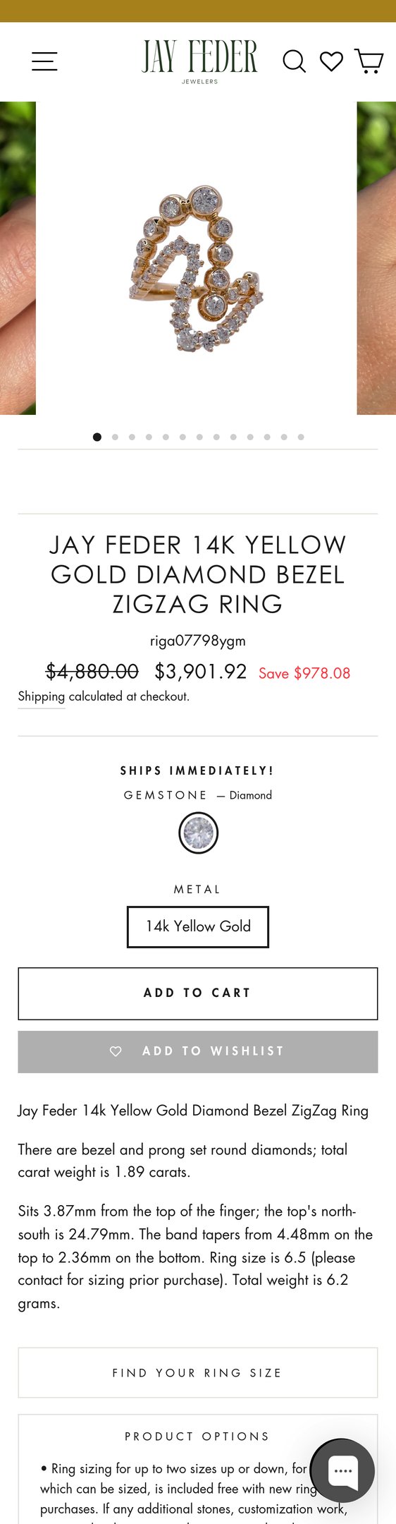 Jewelry product options include: ring for Jay Feder 14k Yellow Gold Diamond Bezel ZigZag Ring from Jay Feder Jewelers.