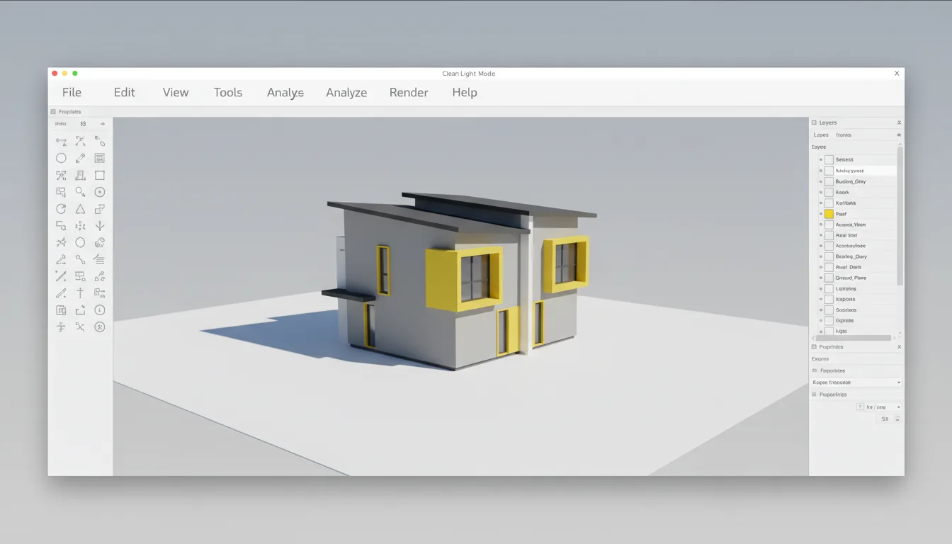 A screenshot of the Rhino 3D software interface, Clean Light Mode, displaying an architectural visualization project. The central viewport features a 3D model of a modern townhouse in perspective view, rendered with soft global illumination. The building has matte gray walls with vibrant yellow accent panels and a dark charcoal roof, placed on a simple white ground plane. The user interface layout includes a top menu bar with abstracted text, a left sidebar filled with command icons, and a right sidebar showing a detailed layers panel with UI elements.