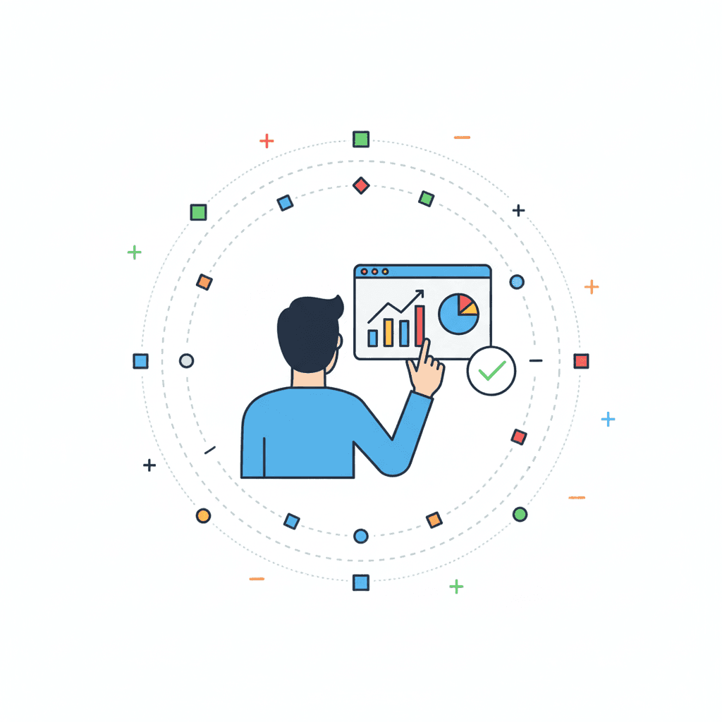 Illustration of a person analyzing a dashboard with a bar graph and pie chart, surrounded by abstract data elements.
