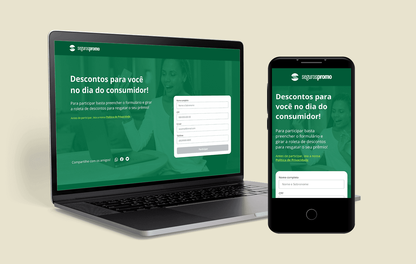 Foto de desktop e smartphone com o layout do Seguros Promo campanha do dia do consumidor