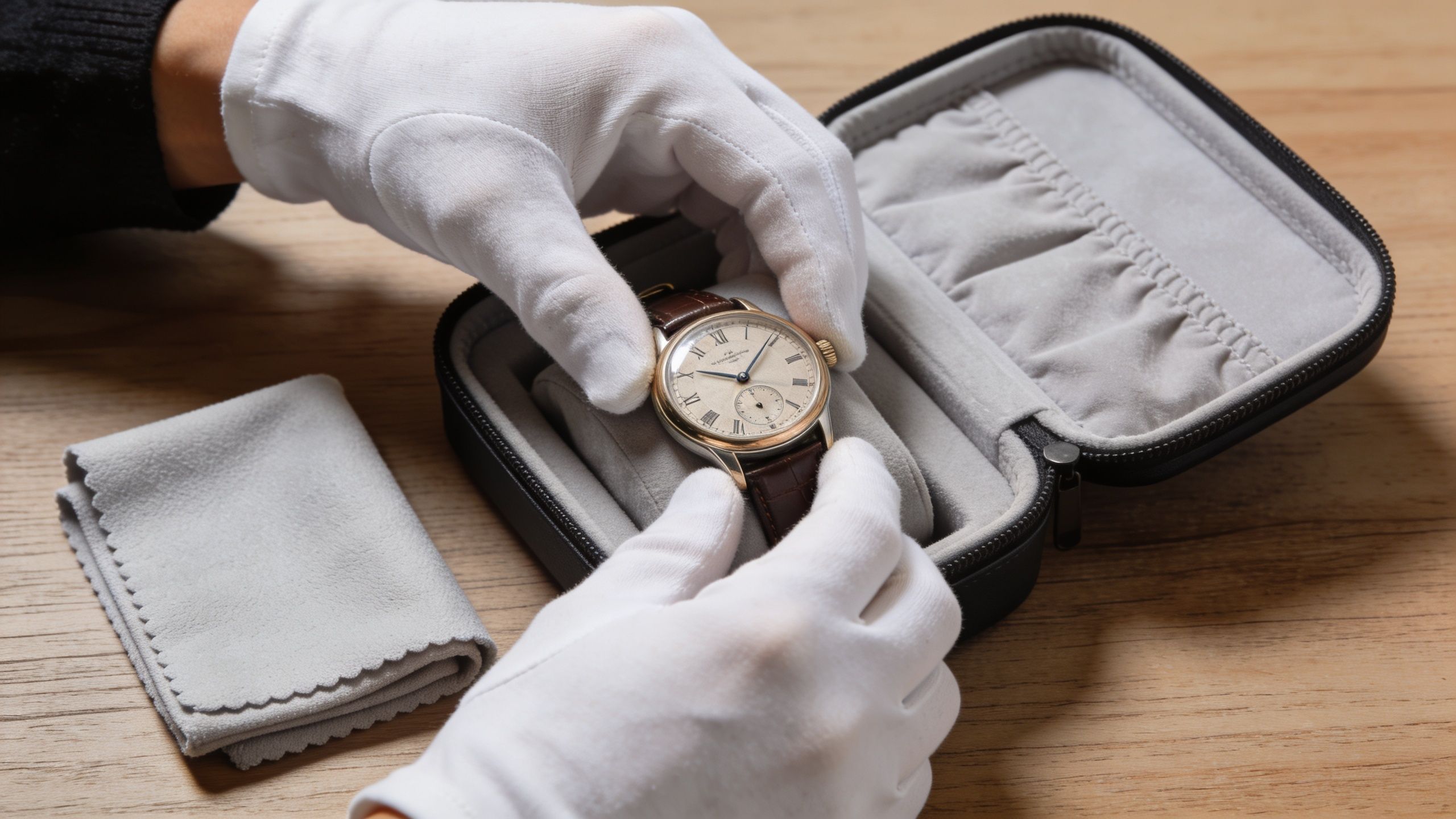 A person wearing white gloves carefully placing a vintage luxury watch into a protective storage case.