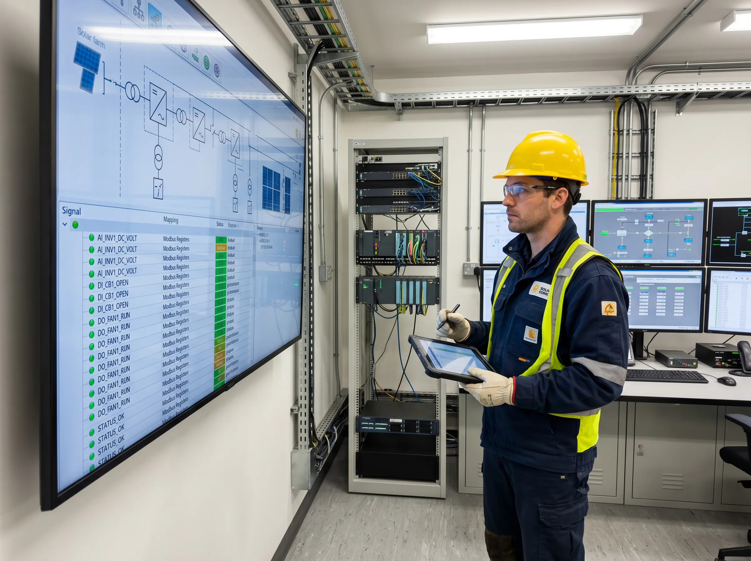 Two construction workers in safety vests and helmets stand at a solar farm, reviewing a tablet while heavy equipment operates in the background.