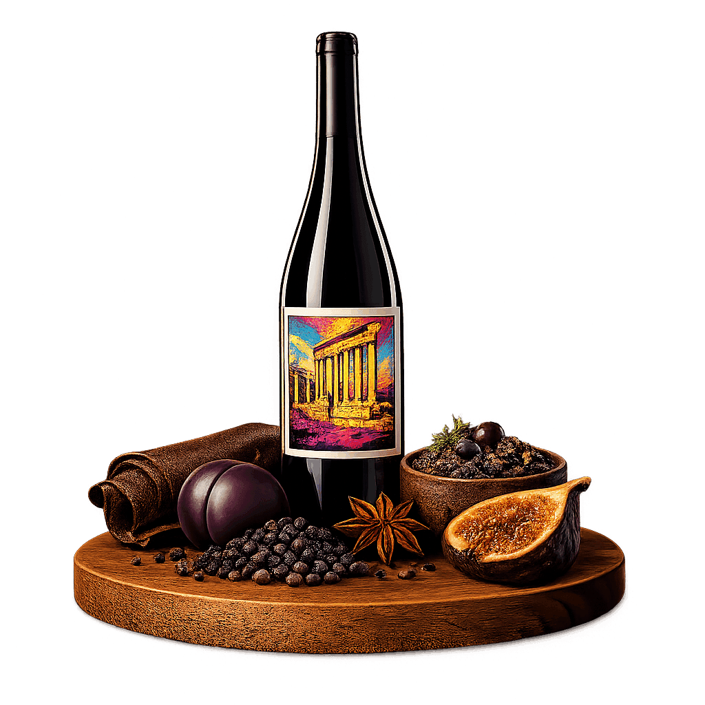 Artistic label and flavor profile for Bekaa Valley Syrah on a rustic wooden table.