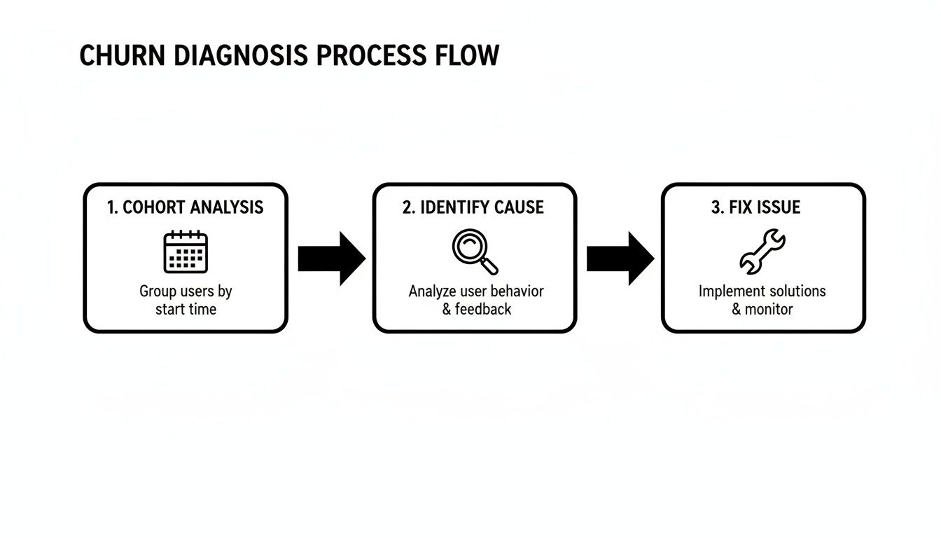 Flowchart detailing the churn diagnosis process, including cohort analysis, cause identification, and issue resolution.