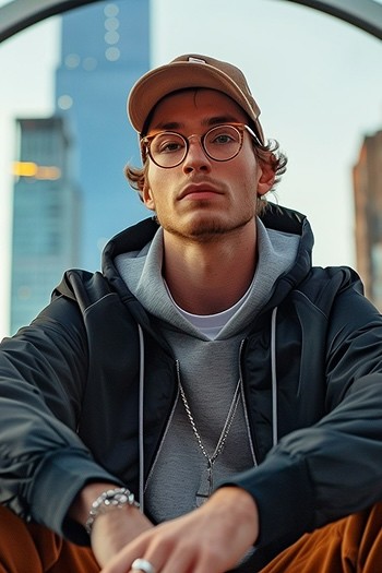 Young man in baseball caps wearing glasses
