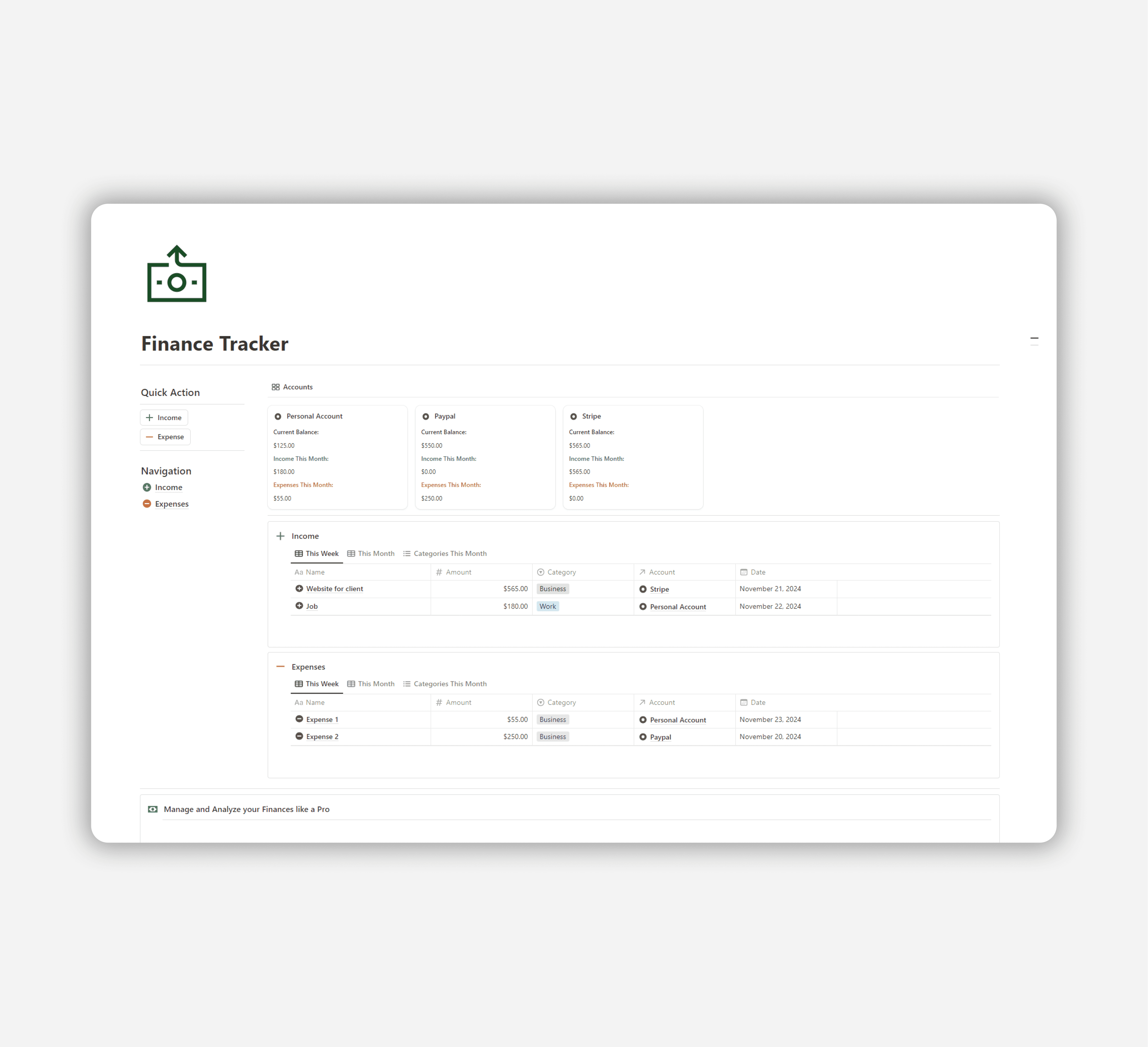 Simple Finance Tracker - Free Notion Template