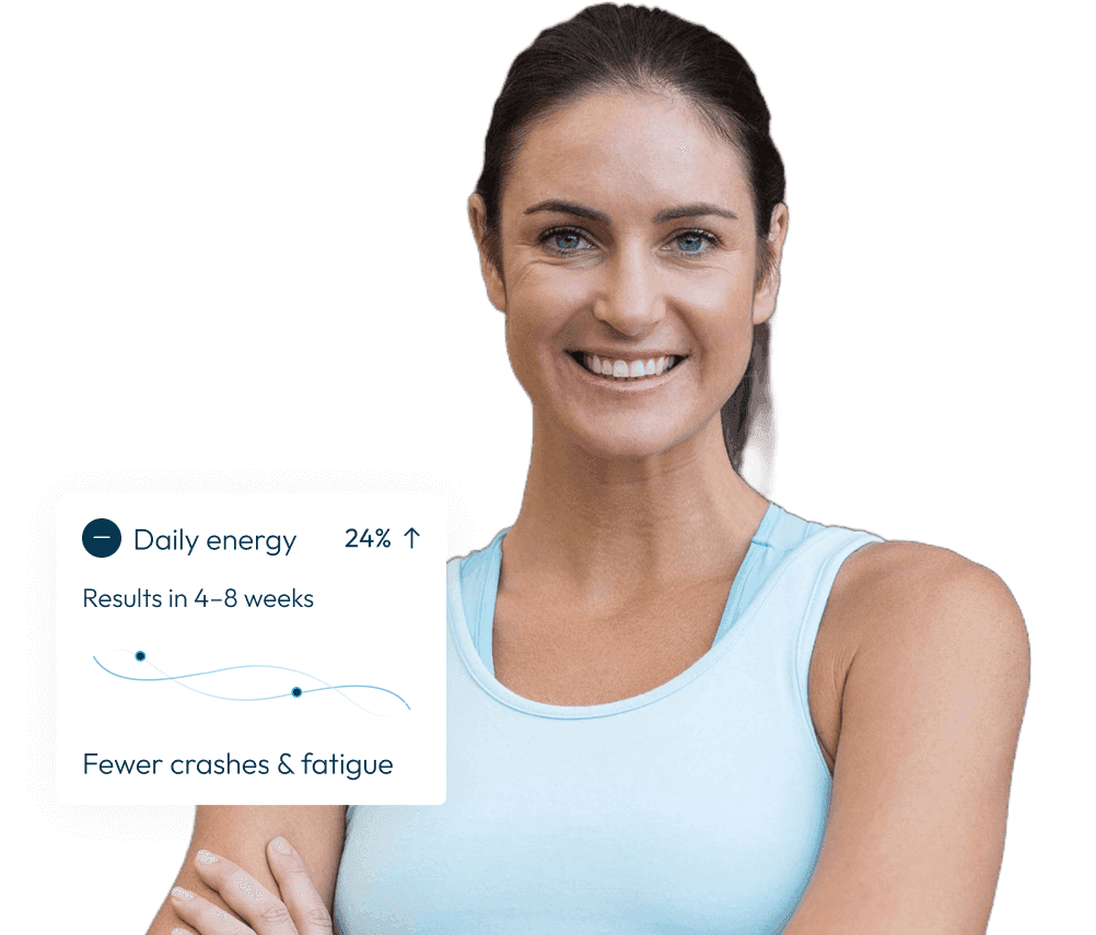 A woman with an illustration of his health metrics improvement