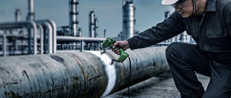 Glospech technician performing ultrasonic testing on pipe flange nozzle weld with angle beam probe and digital UT instrument, industrial plant Gauteng