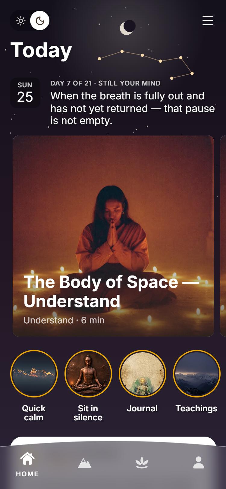 The Bhairava Somatics app at night: Today's practice under the stars