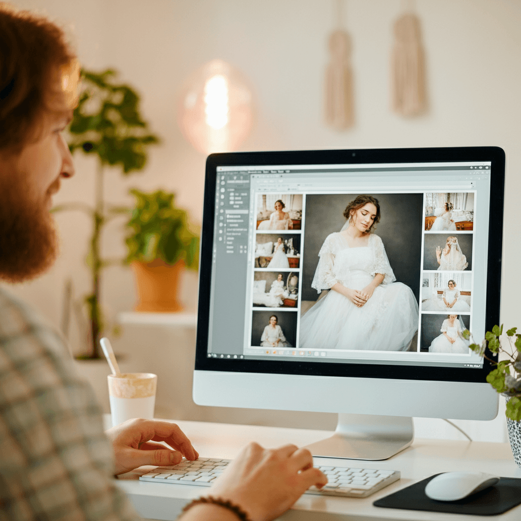 Креативный предприниматель работает за компьютером, редактируя фотографии свадеб и мероприятий. Экран показывает галерею с изображениями. Интерьер современный, с элементами дизайна и уютным освещением. Спокойные, профессиональные цвета.”
