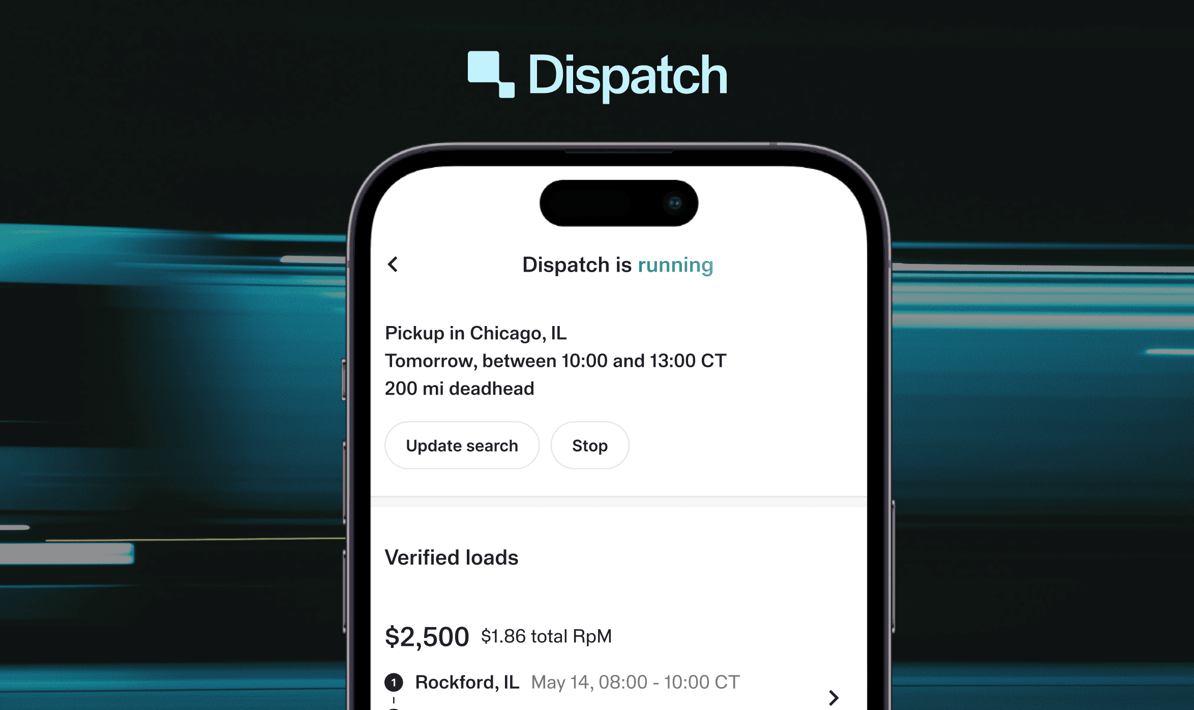 Image of a Dispatch load board screen, featuring the AI tool calling a broker to verify load details. 