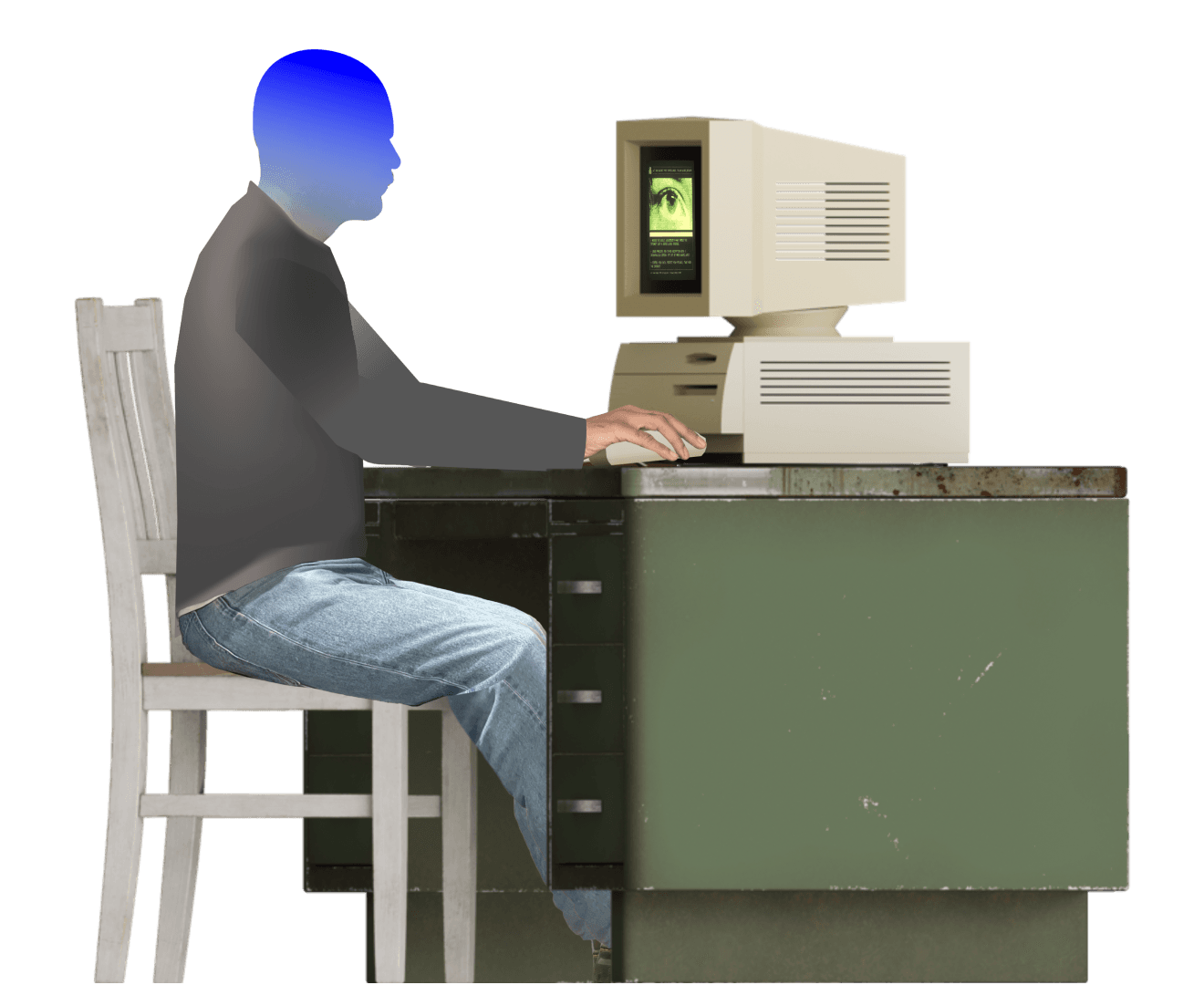 Person with blue head sitting at a desk using an old beige computer with a green eye on the screen