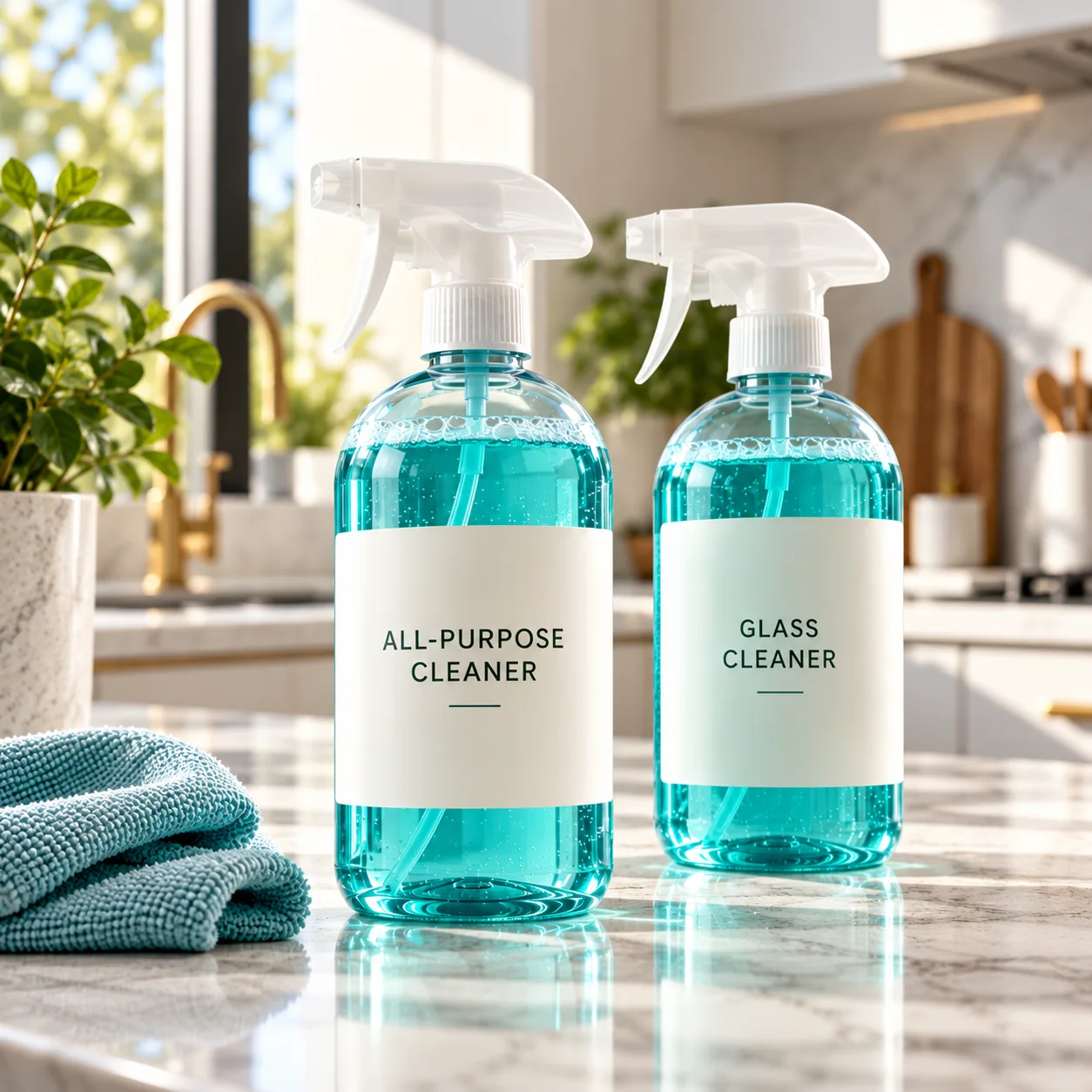 Two turquoise spray bottles labeled All-Purpose Cleaner and Glass Cleaner on a kitchen counter