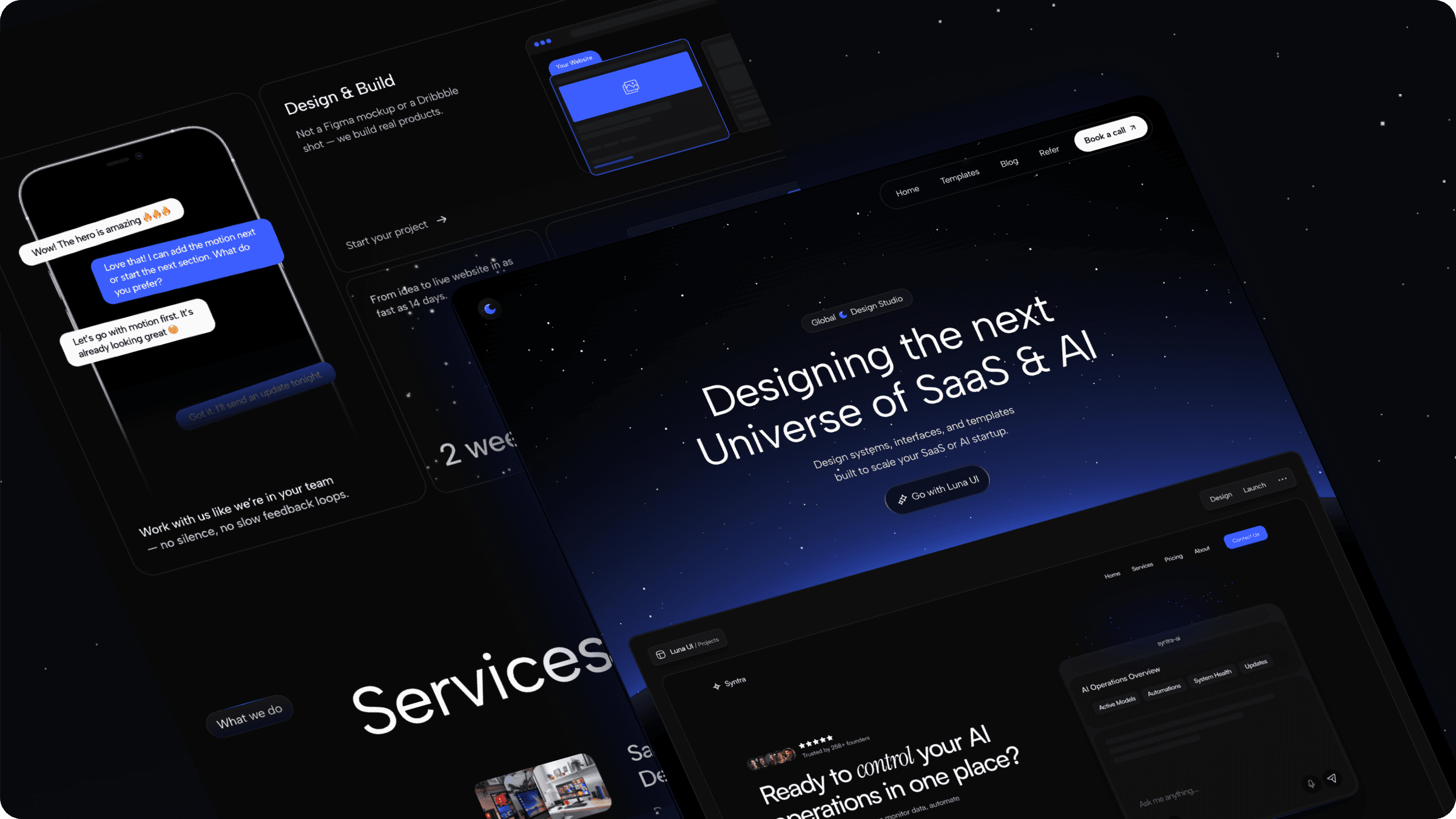 Luna UI ecosystem showcase: A futuristic dark-themed interface for a global design studio specializing in the next universe of SaaS and AI products.