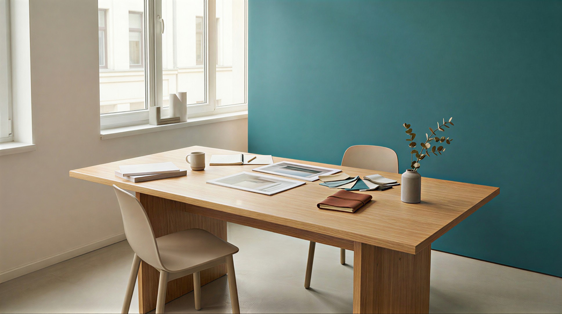 A minimalist, sunlit office features a wooden table with papers, a mug, and a vase with foliage. Two chairs face a teal accent wall, creating a calm vibe.