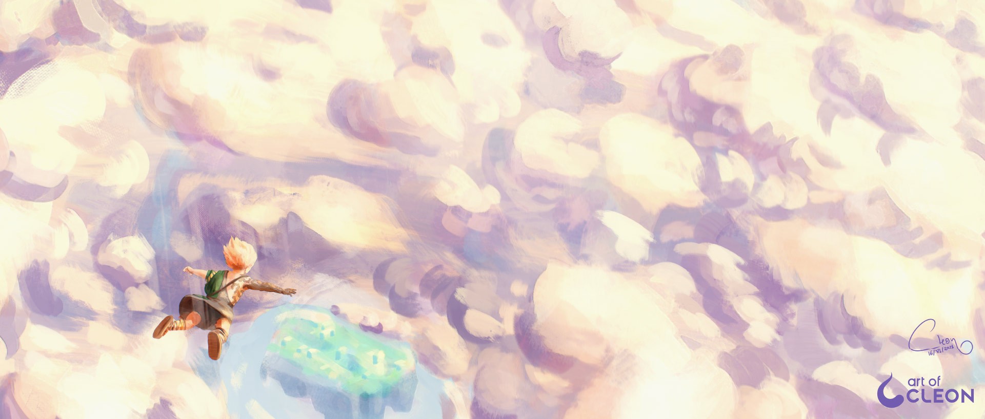Finished fan-art painting of Link falling backward through cream and lilac clouds above a floating green island.